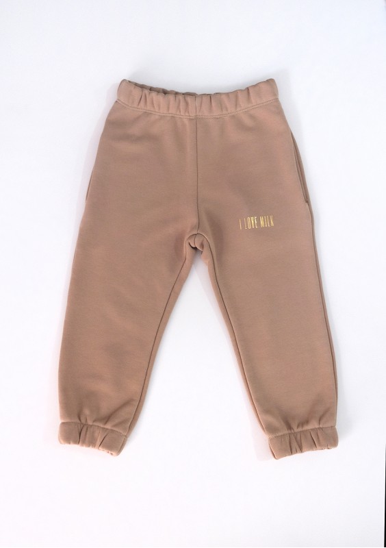 Latte beige kids sweatpants with a gold logo
