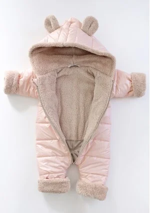 Powder pink winter onesie with teddy ears