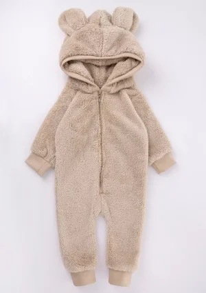 Beige plush onesie with hood and teddy ears