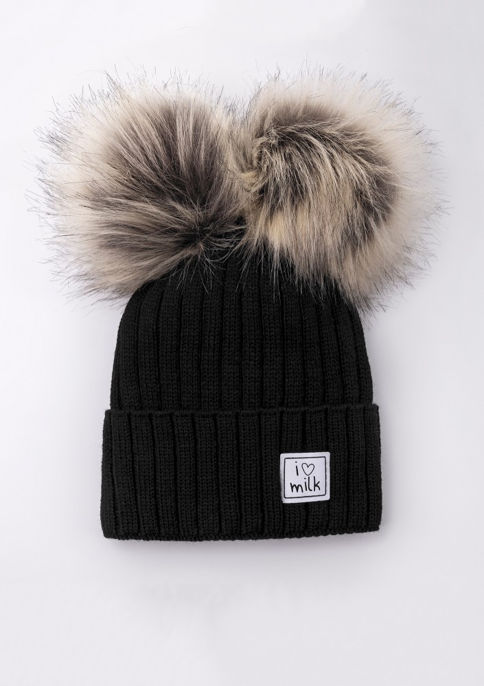 Kids black winter beanie with pompoms