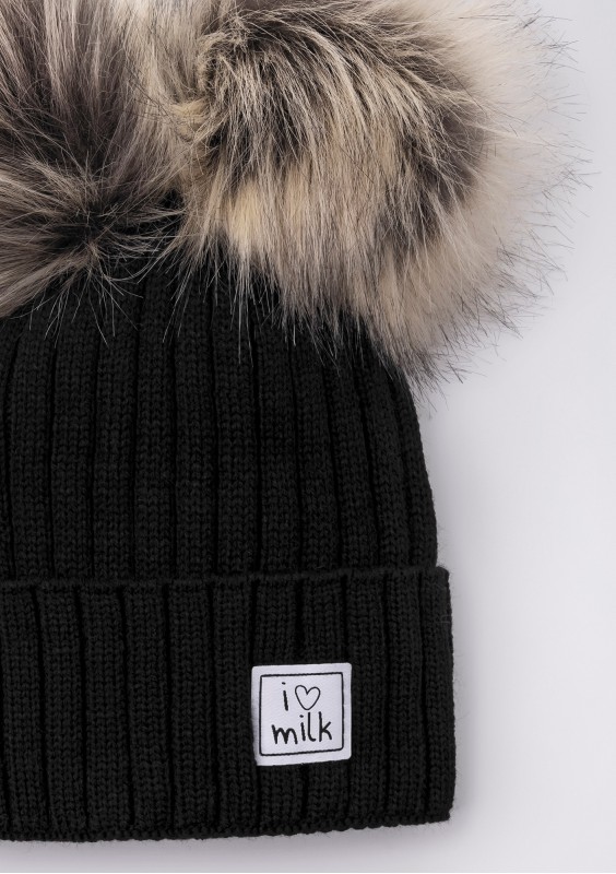 Kids black winter beanie with pompoms
