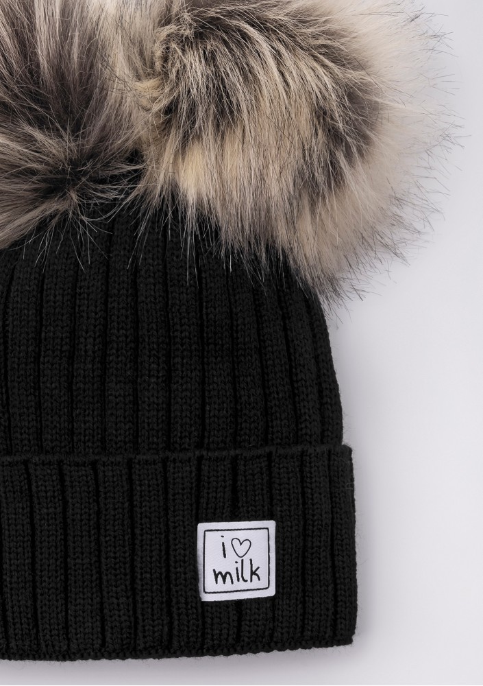 Kids black winter beanie with pompoms