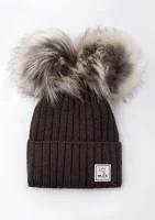Kids winter brown beanie with pompoms