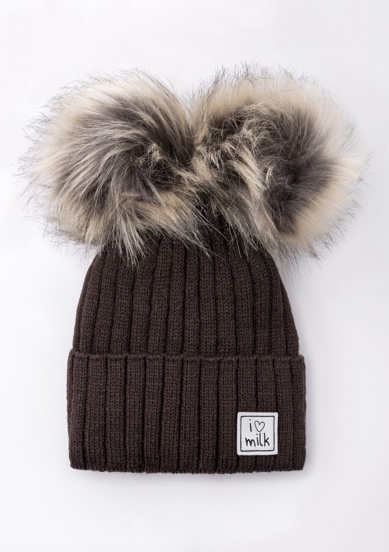 Kids winter brown beanie with pompoms
