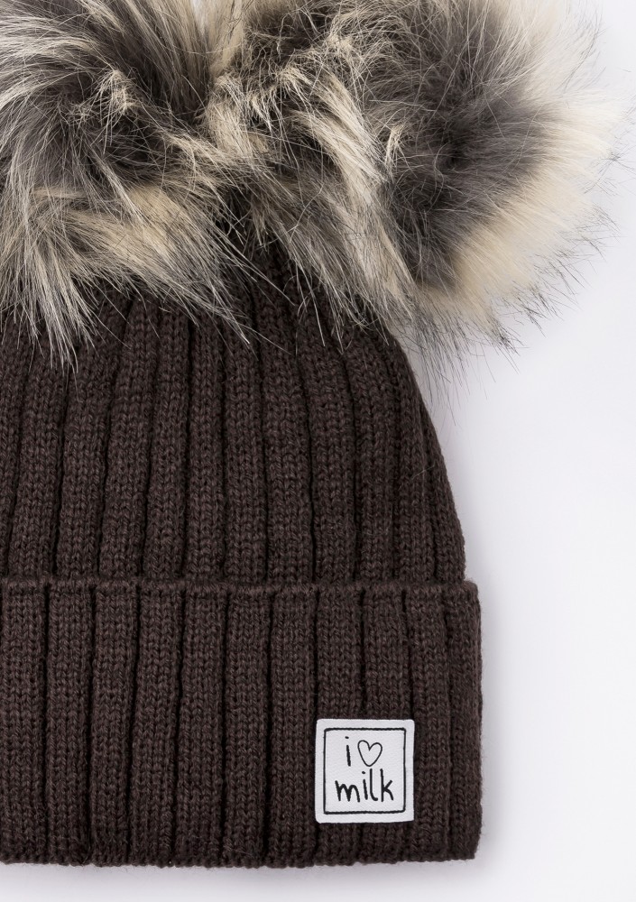 Kids winter brown beanie with pompoms
