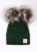 Kids green winter beanie with pompoms