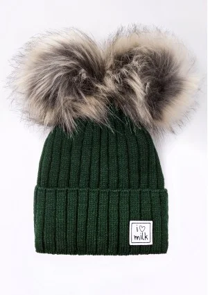 Kids green winter beanie with pompoms