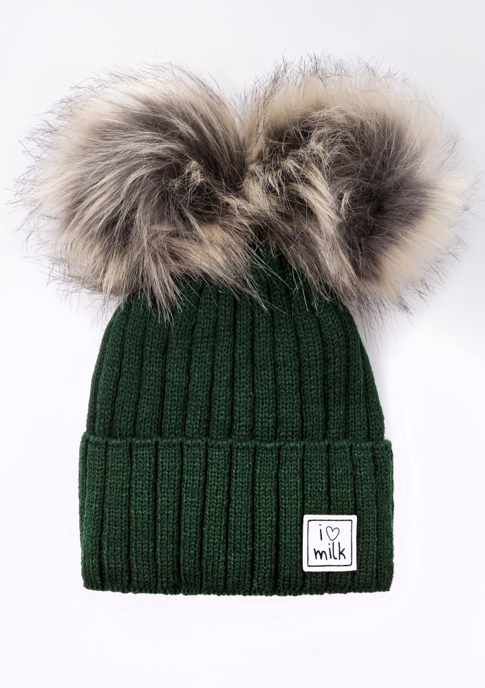 Kids green winter beanie with pompoms