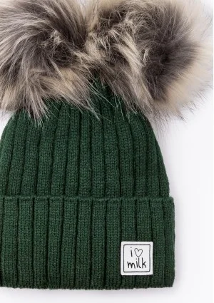 Kids green winter beanie with pompoms