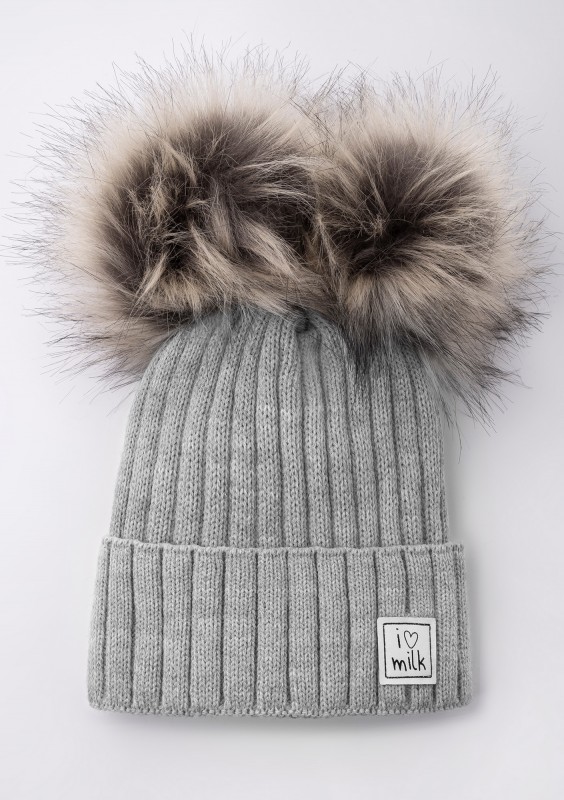 Kids grey winter beanie with pompoms