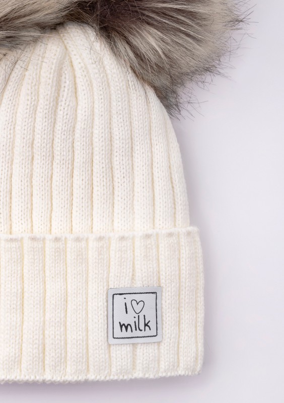 Kids ecru winter beanie with pompoms