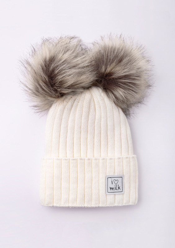 Kids ecru winter beanie with pompoms