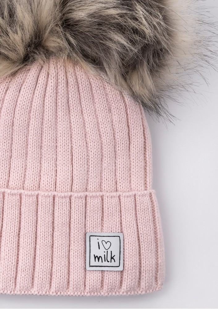 Kids powder pink winter beanie with pompoms