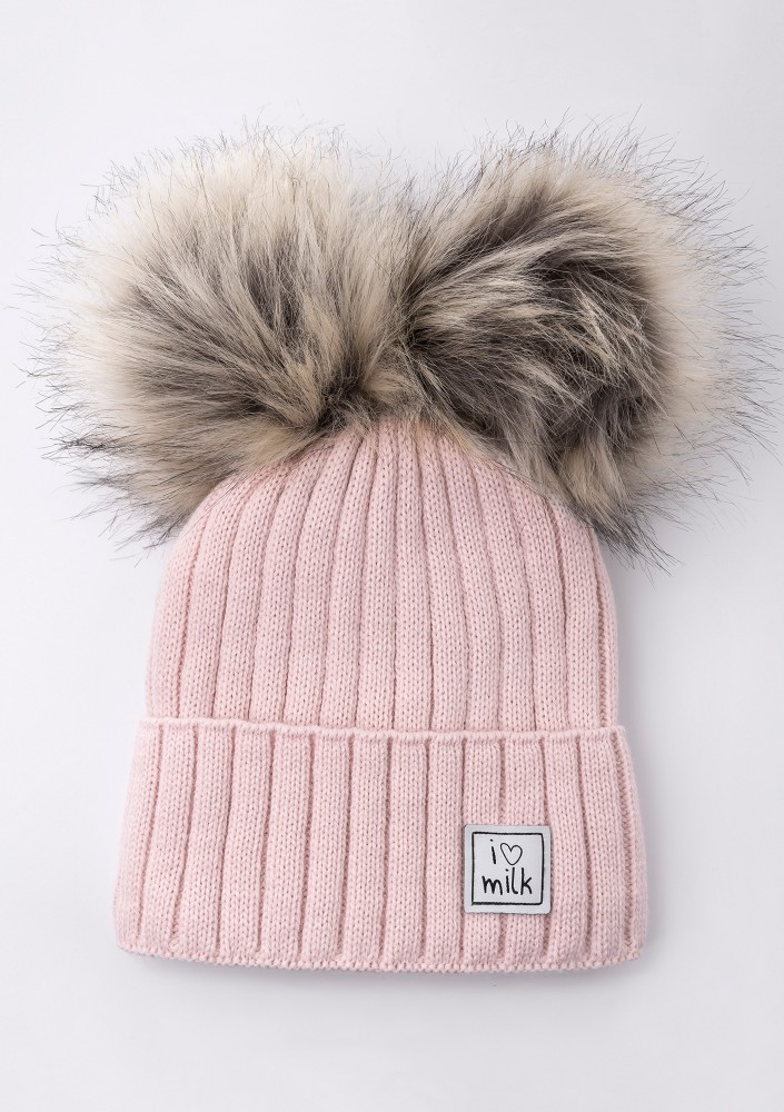 Kids powder pink winter beanie with pompoms
