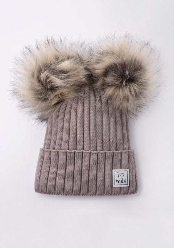 Kids latte winter beanie with pompoms