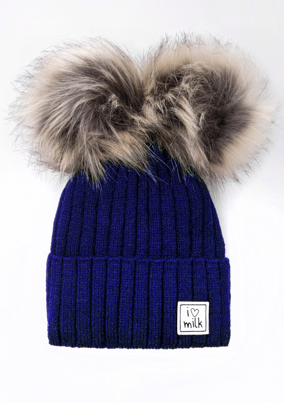 Cobalt blue winter beanie with pompoms