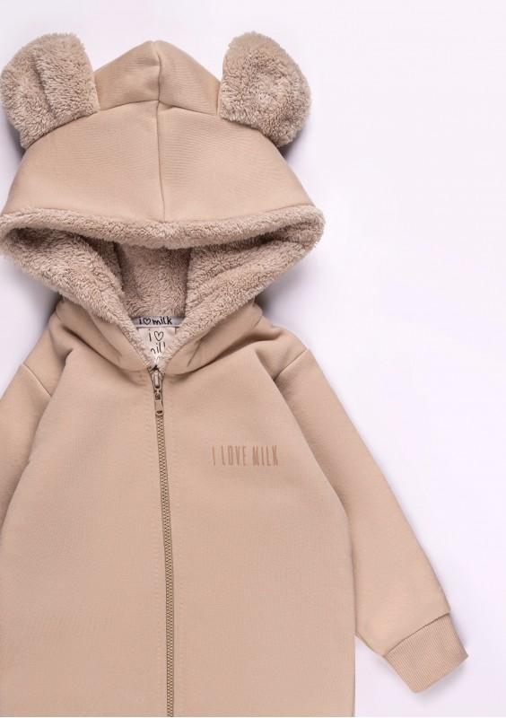 Beige winter onesie with teddy ears
