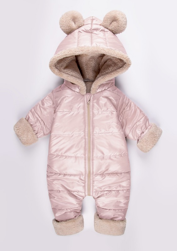 Powder pink winter onesie with teddy ears