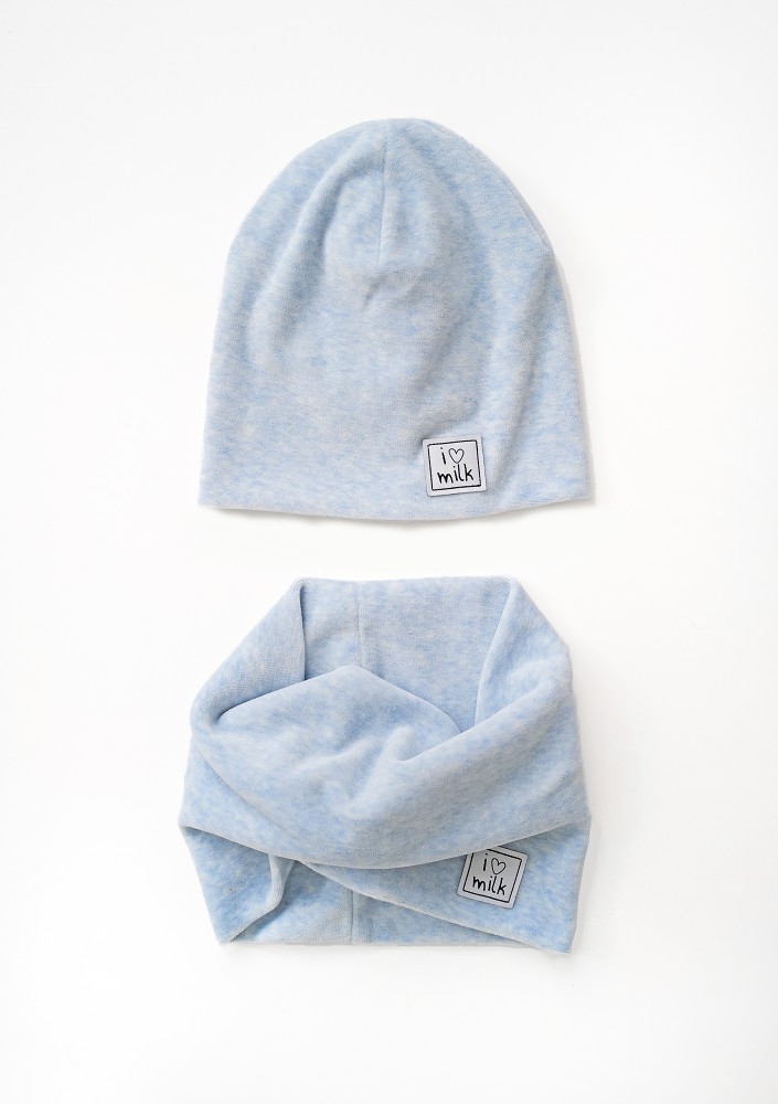 Melange light blue velvet beanie and snood set