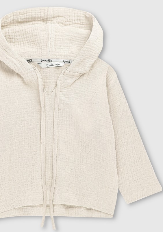 Bluza dziecięca z kapturem z muślinu Kremowa