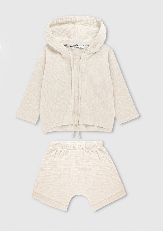 Bluza dziecięca z kapturem z muślinu Kremowa