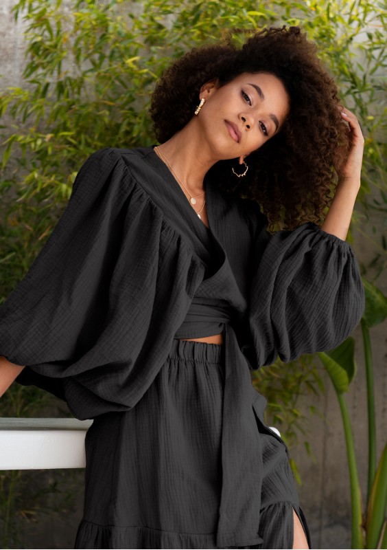 Capri - Black muslin wrap shirt