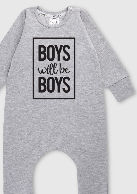 Melange grey long sleeved romper "boys will..."