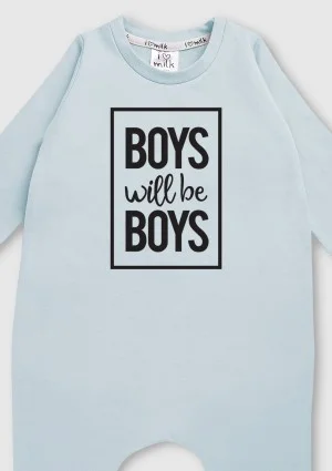 Light blue long sleeved romper "boys will..."