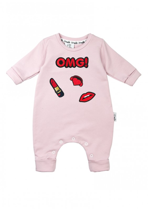 Powder pink long sleeved romper "omg patches"