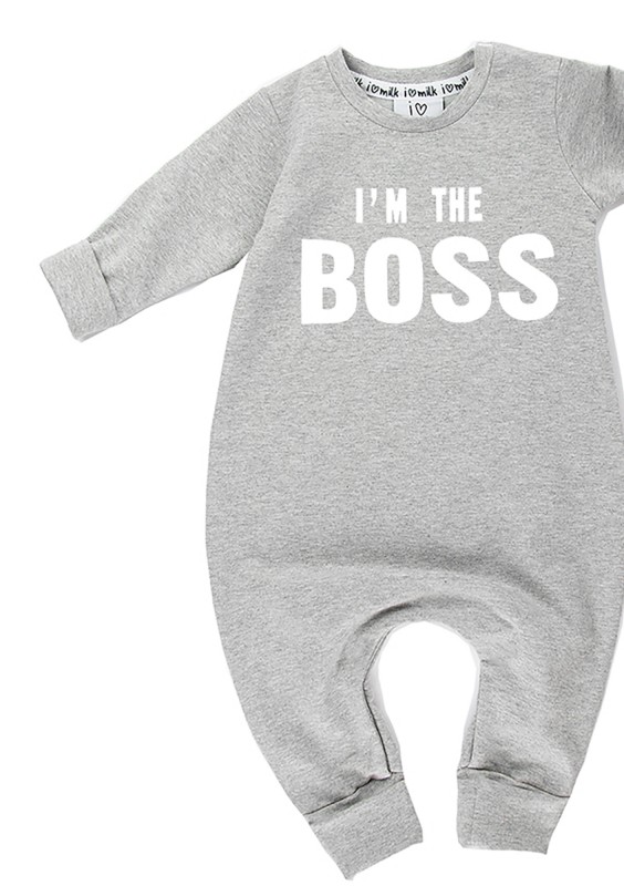 Rampers dziecięcy z długim rękawem "I'm the boss" Szary Melanż