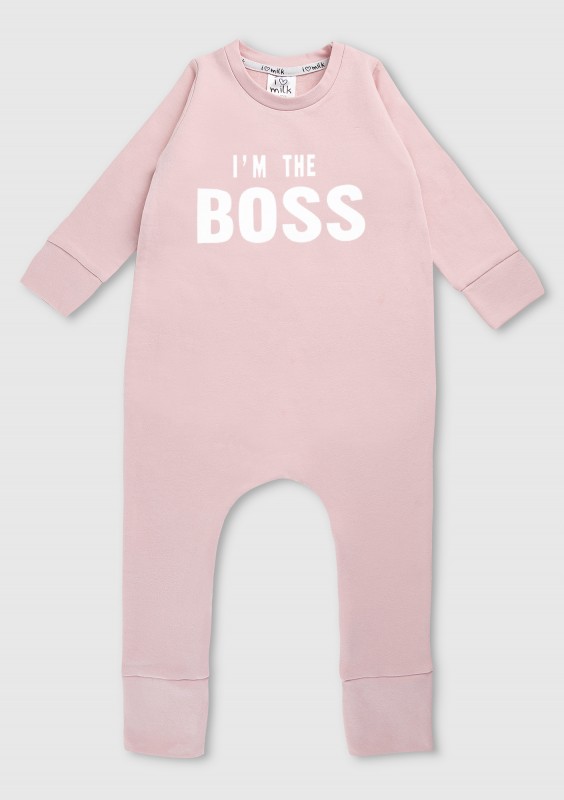 Powder pink long sleeved romper "I'm the boss"
