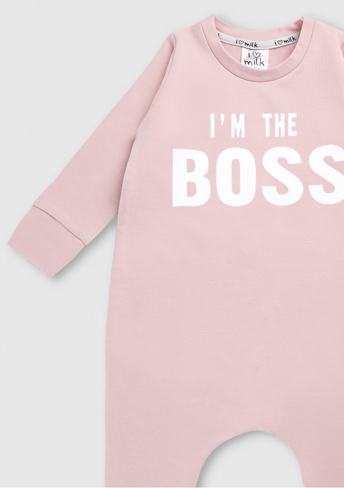 Romper dziecięcy z długim rękawem "I'm the boss" Pudrowy Róż