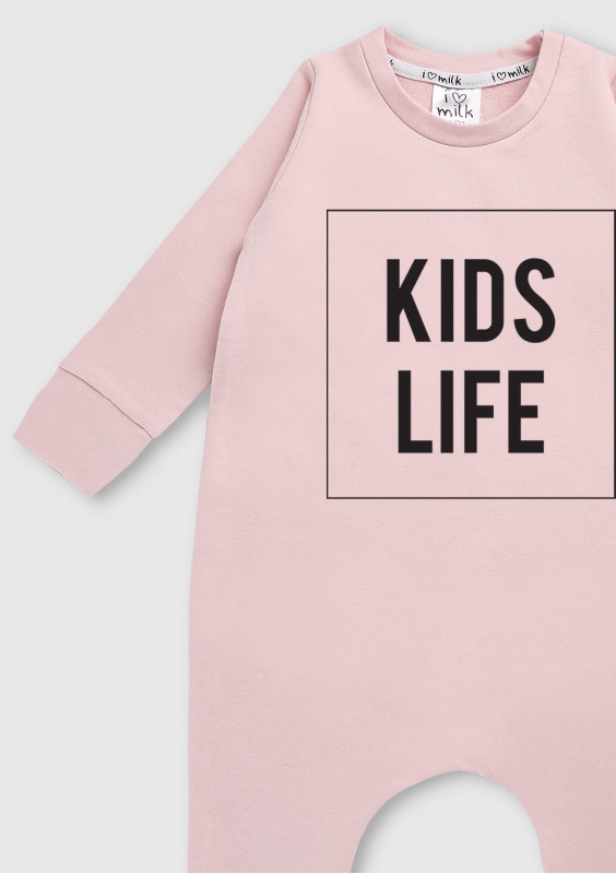 Romper dziecięcy z długim rękawem "kids life" Pudrowy Róż