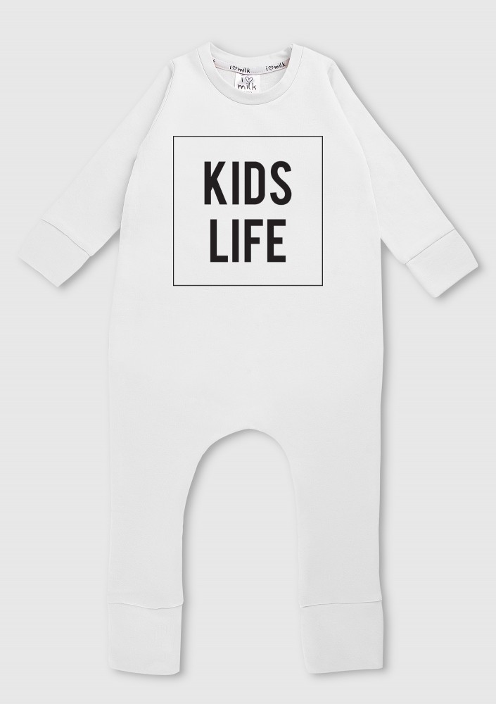 Romper dziecięcy z długim rękawem "kids life" Biały