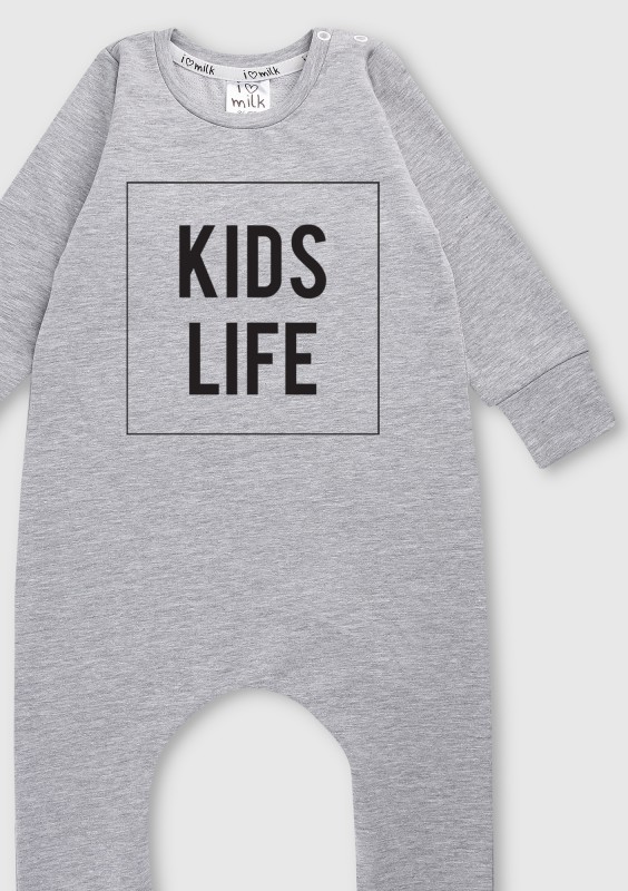 Romper dziecięcy z długim rękawem "kids life" Szary Melanż