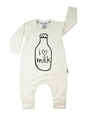 White long sleeved romper "I love milk"