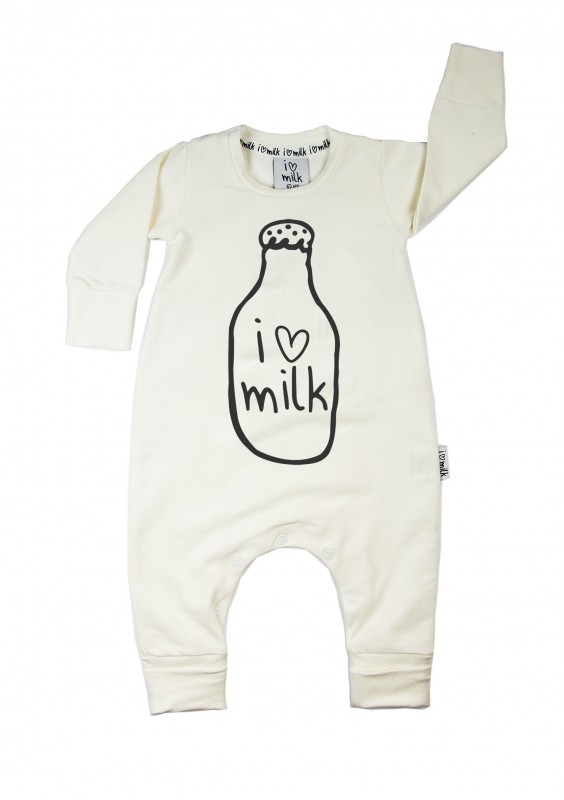 White long sleeved romper "I love milk"