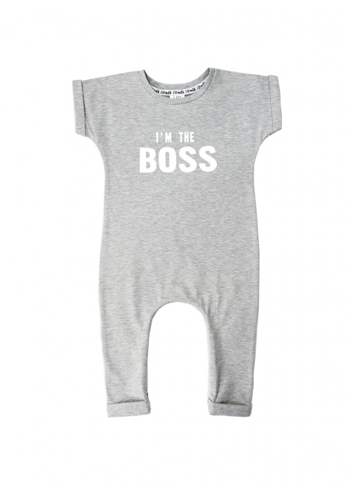 Romper dziecięcy z krótkim rękawem "I'm the boss" Szary Melanż