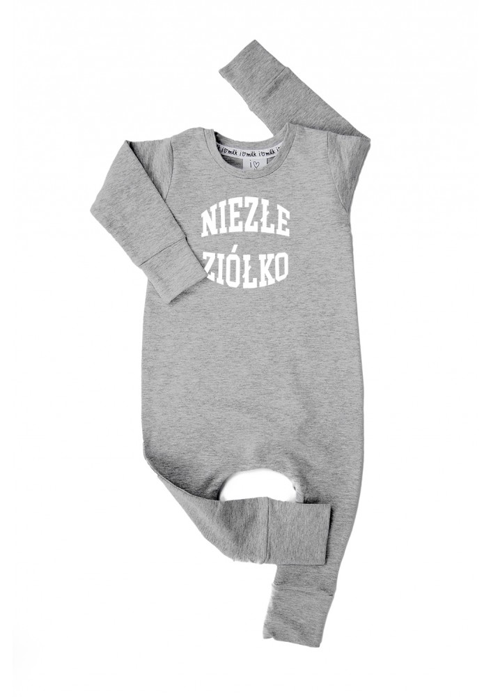 Melange grey long sleeved romper "niezłe ziółko"