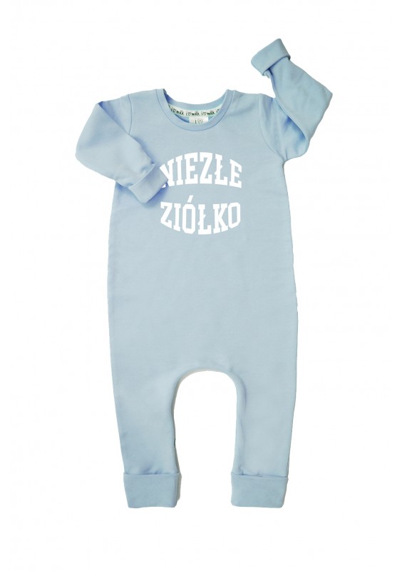 Light blue long sleeved romper "niezłe ziółko"