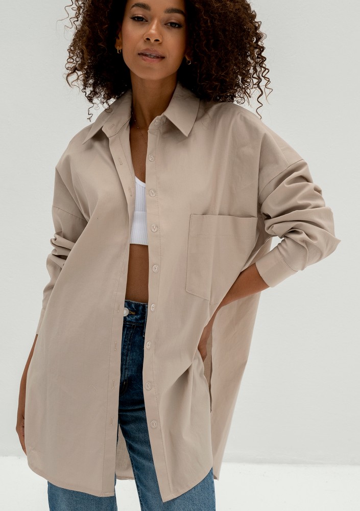 Venza - Koszula damska z bawełny oversize Beżowa