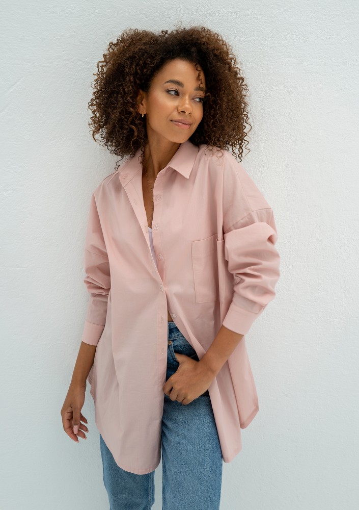 Viral - Pudrowa koszula damska z bawełny oversize