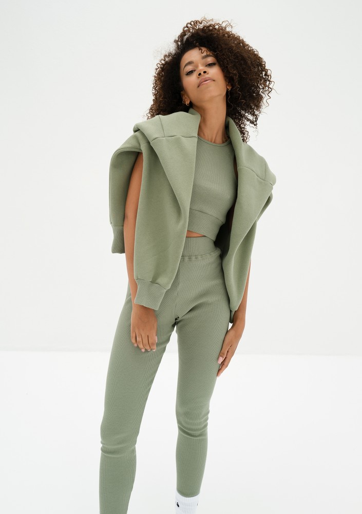 Hype - Oliwkowe legginsy z prążkowanej dzianiny