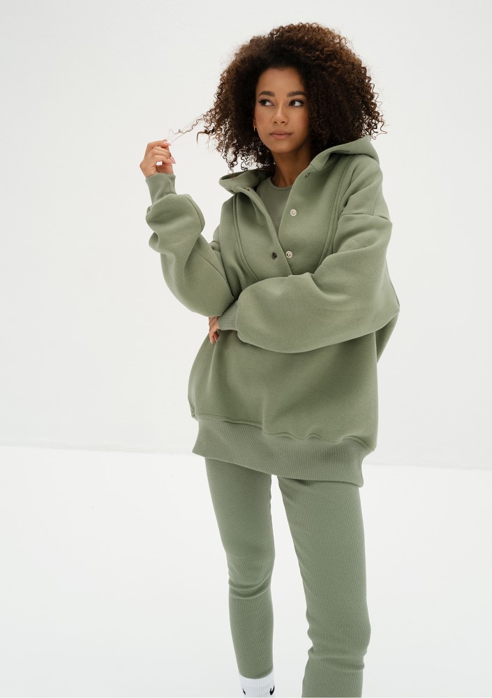 Raven - Oliwkowa bluza damska oversize z kapturem