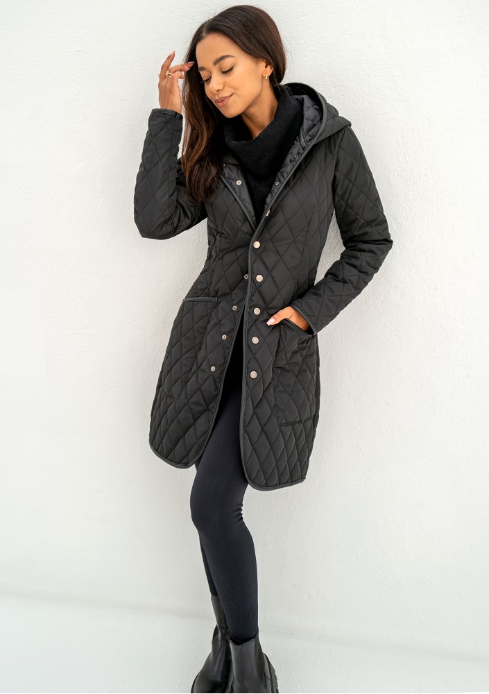 Nakya - Black snap buttoned tight fit midi coat