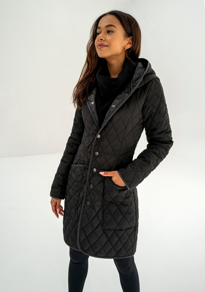 Nakya - Black snap buttoned tight fit midi coat