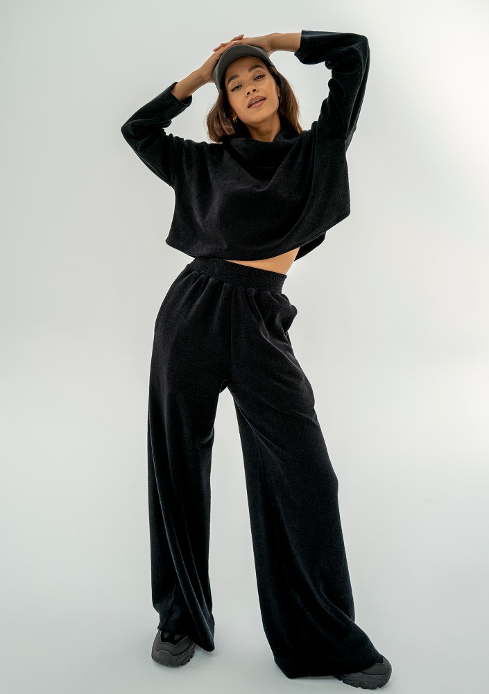 Mayze - Szerokie spodnie z dzianiny frotte Black