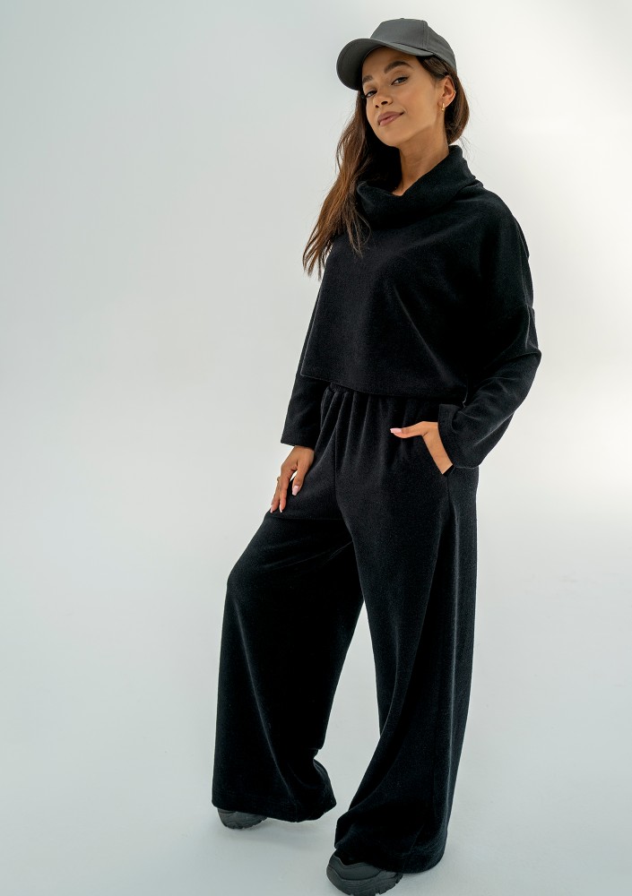 Mayze - Szerokie spodnie z dzianiny frotte Black