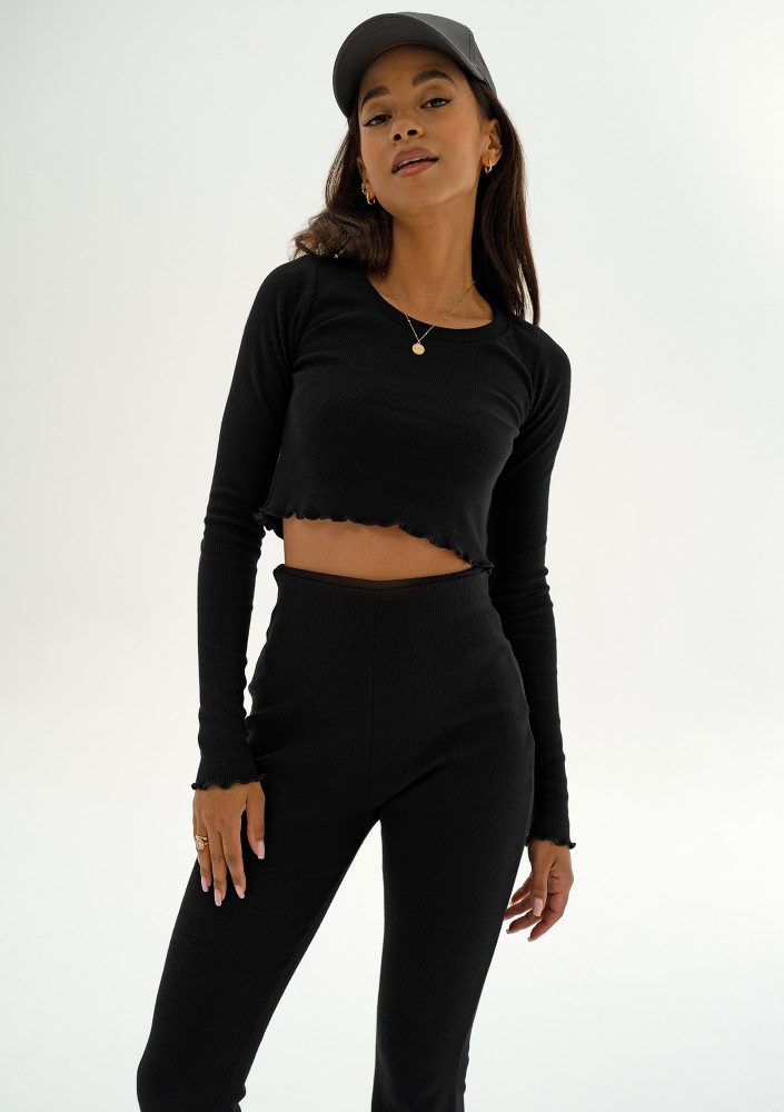 Nalu - Black knitted crop long-sleeve crop top