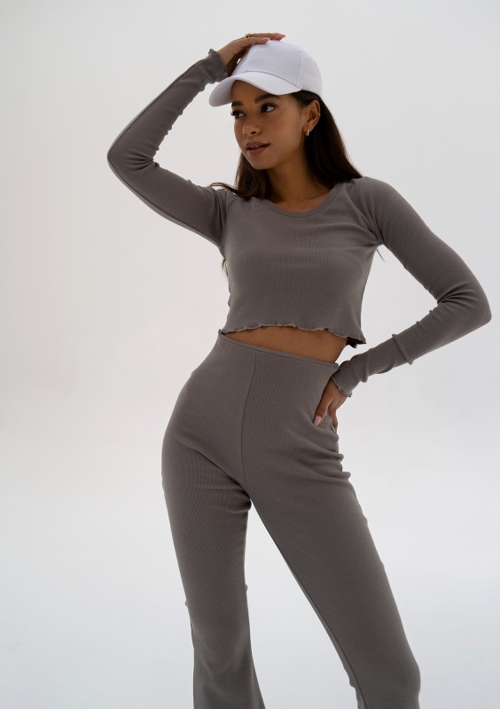 Nalu - Bluzka crop z prążkowanej dzianiny Taupe